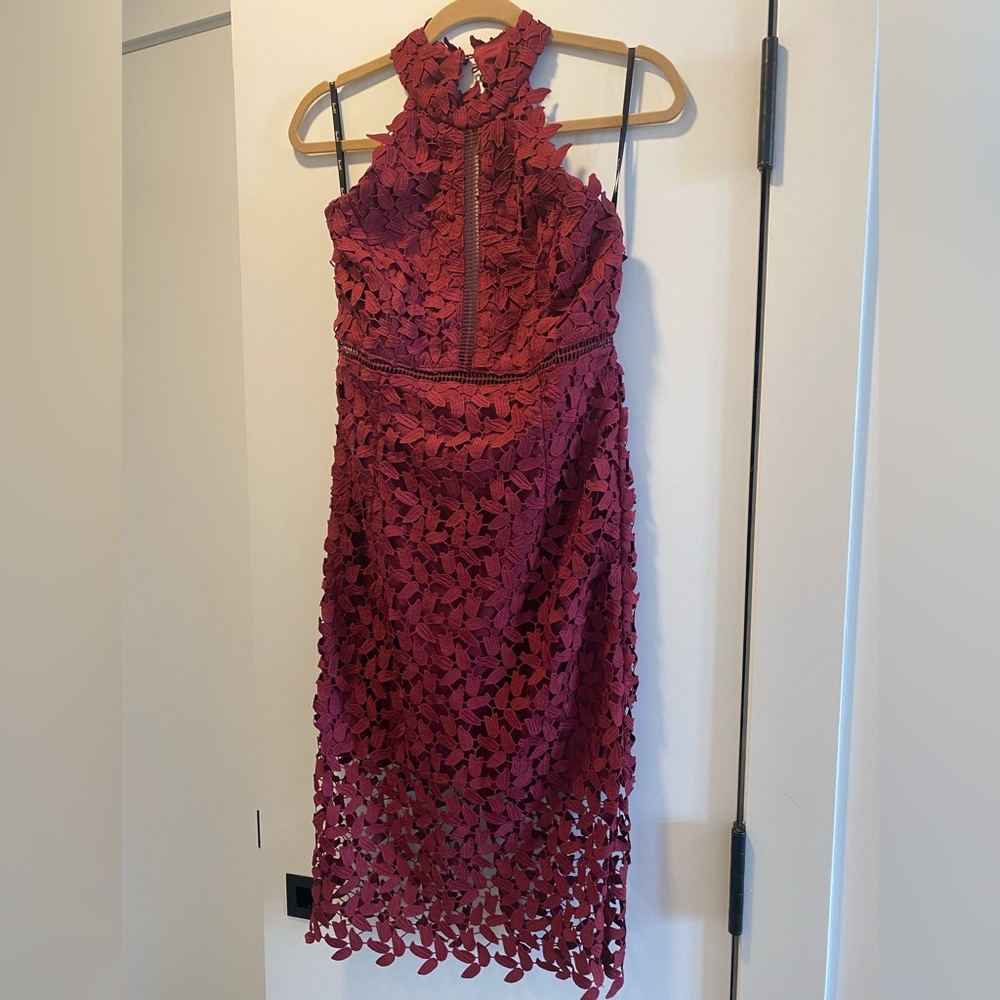 Bardot leaf lace dress in dark red
